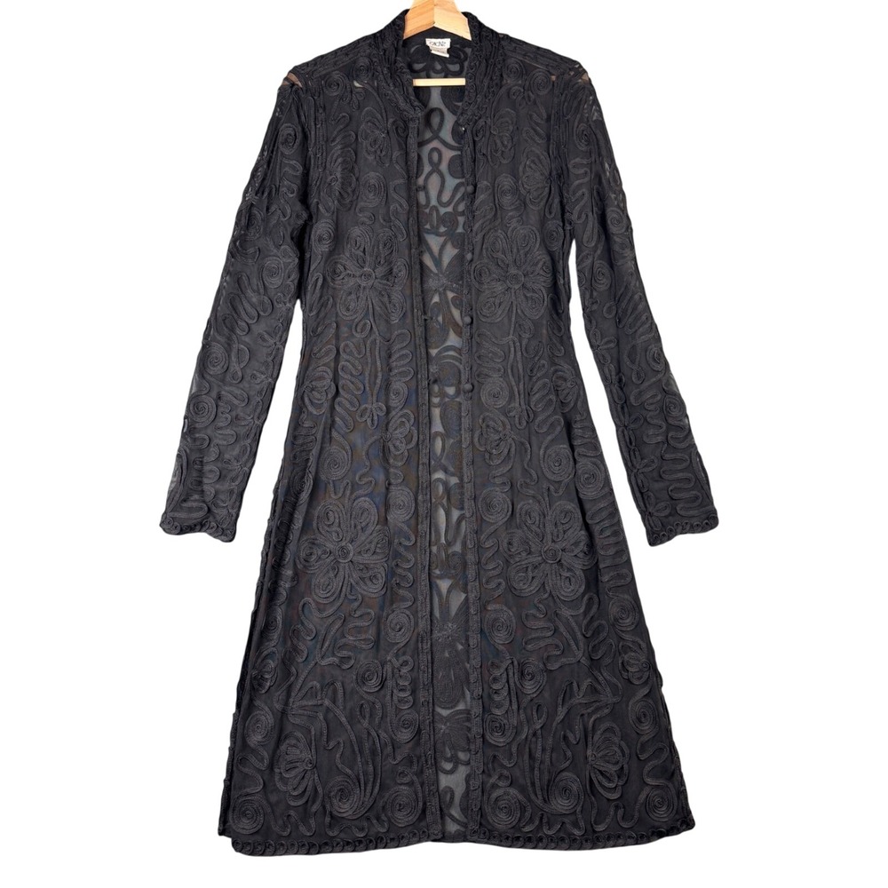 Cache Y2K Black Soutache Mesh Duster Cardigan Lace Sheer Button Front L Gothic
